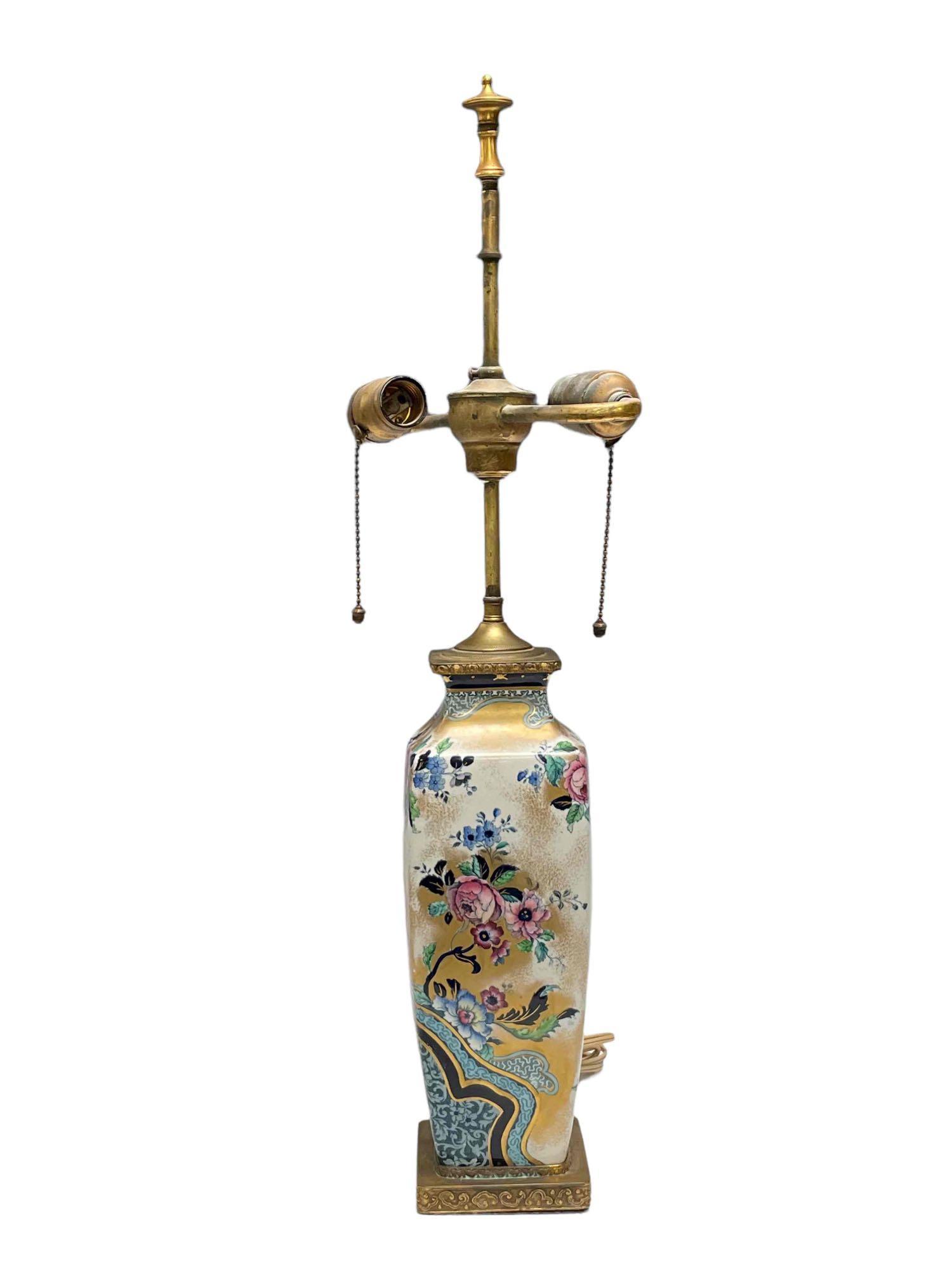 Antique Bronze Mounted Chinese Porcelain Lamp: A fine early Chinese full body polychromed porcelain lamp with bronze detailed mounts as shown. Measuring approx 26" tall overall, good condition, see photos