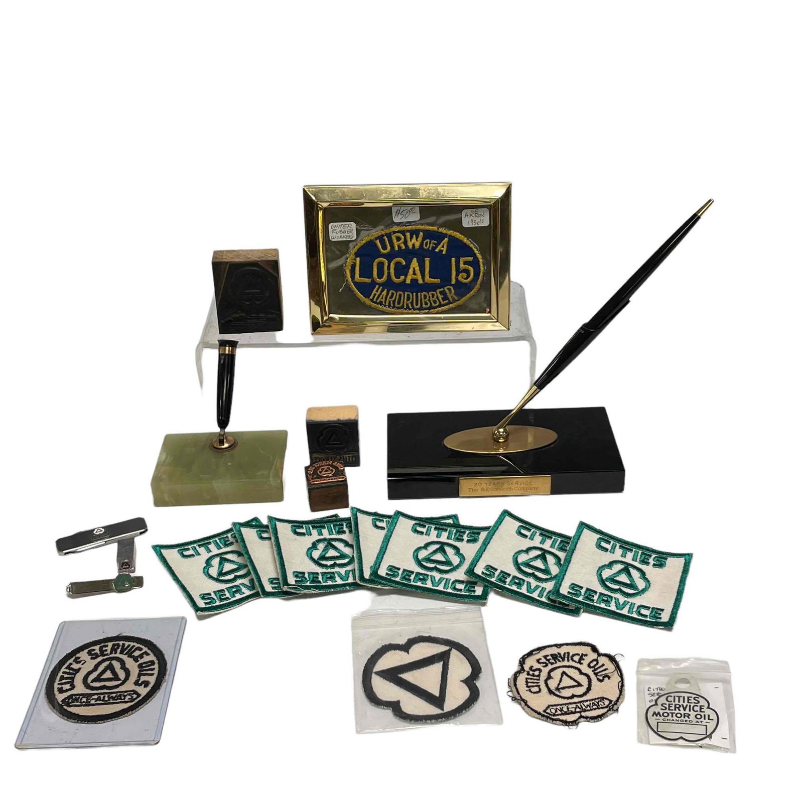 CITIES SERVICE Advertising and Pen Holder: Cities services gas stations, which continue as CITGO stations advertising stamps, patches etc, United Rubber Workers union LOCAL 15 1930's Akron patch and two desk pen holders as shown, see photos fo