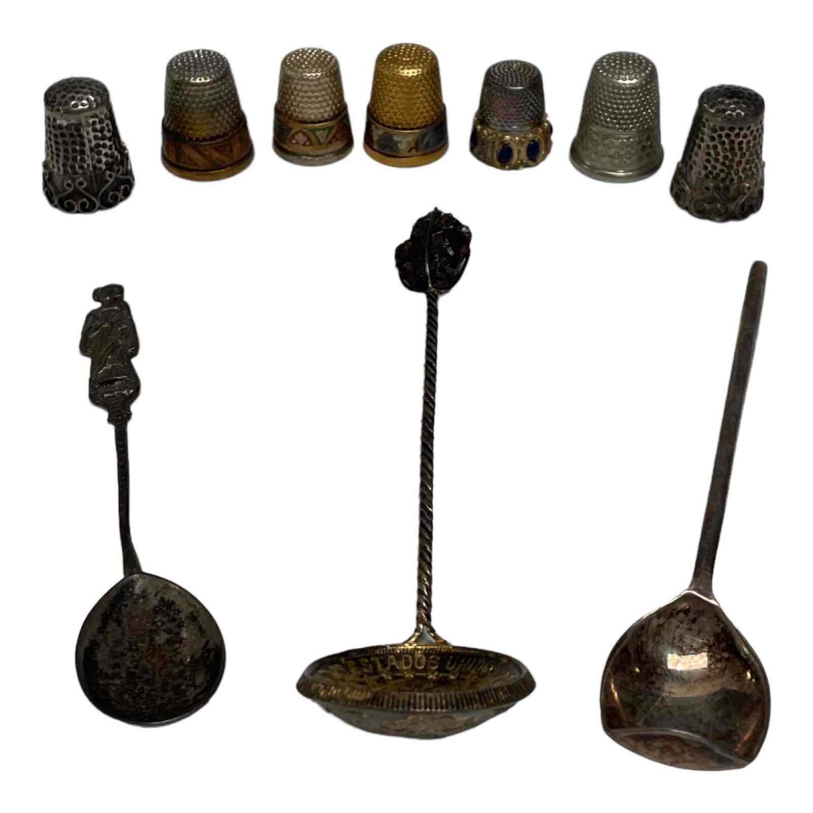 Antique Thimbles and Spoons Group: Seven decorative thimbles and three decorative spoons as shown, see photos for details.