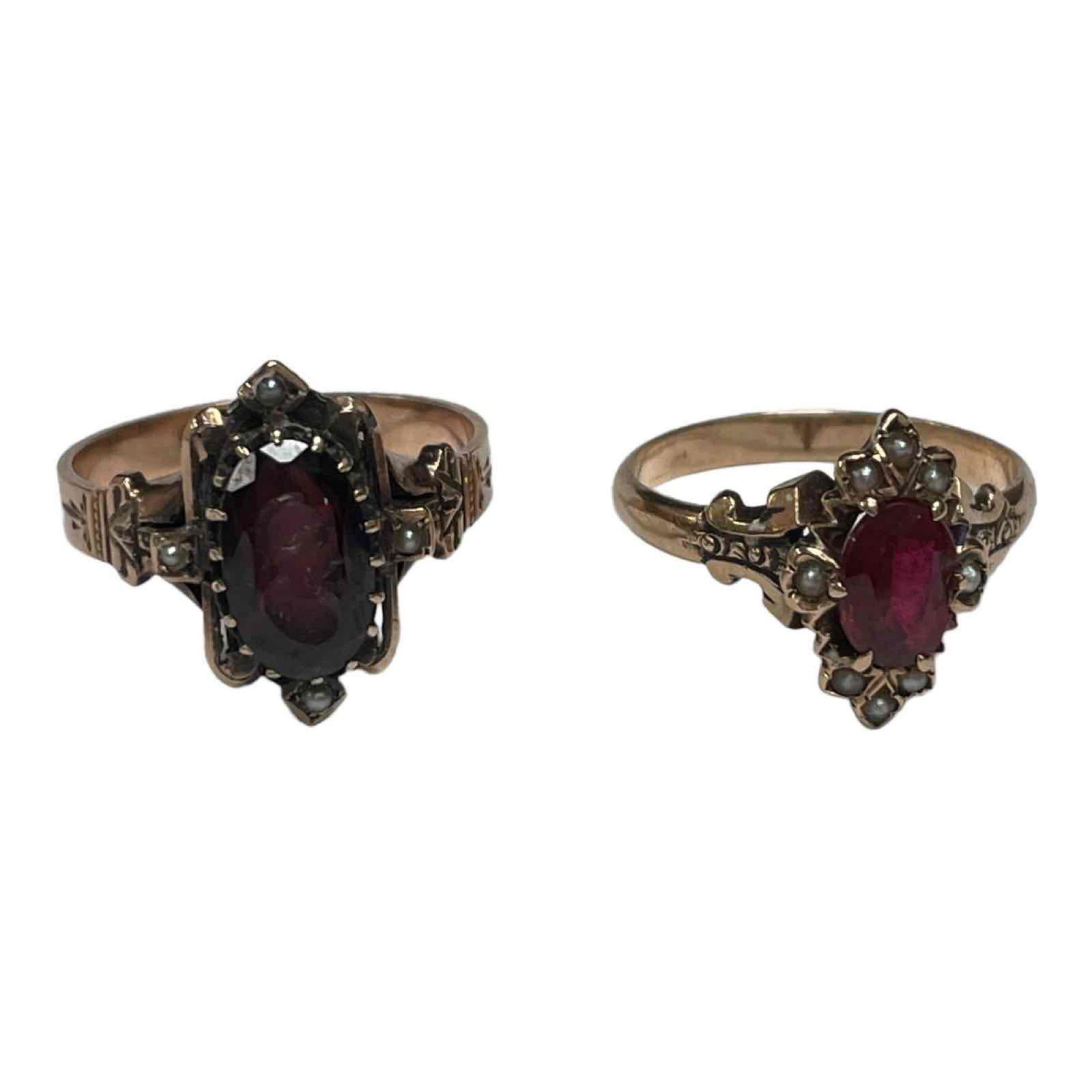 Two 14k Rose Gold Victorian Rings Signet - Ruby and Seed Pearls (1 of 16)