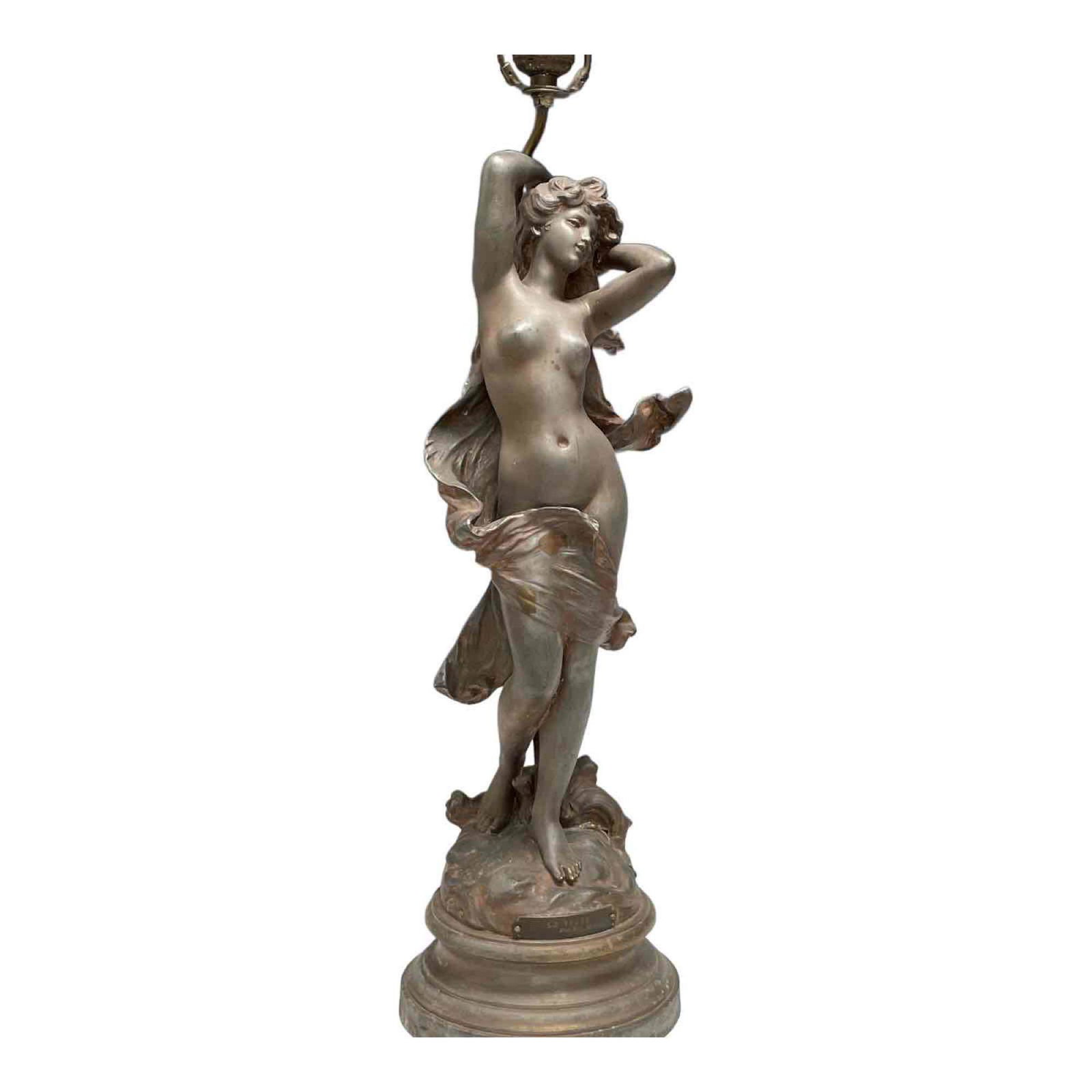 LA VAGUE French Art Nouveau Nude Lamp After Moreau: Fine and graceful figural lamp of standing posing nude woman embracing her hair modeled after Hippolyte Francois Moreau a shown by signature on base a label tag, see photos. Standing approx 32" tall o