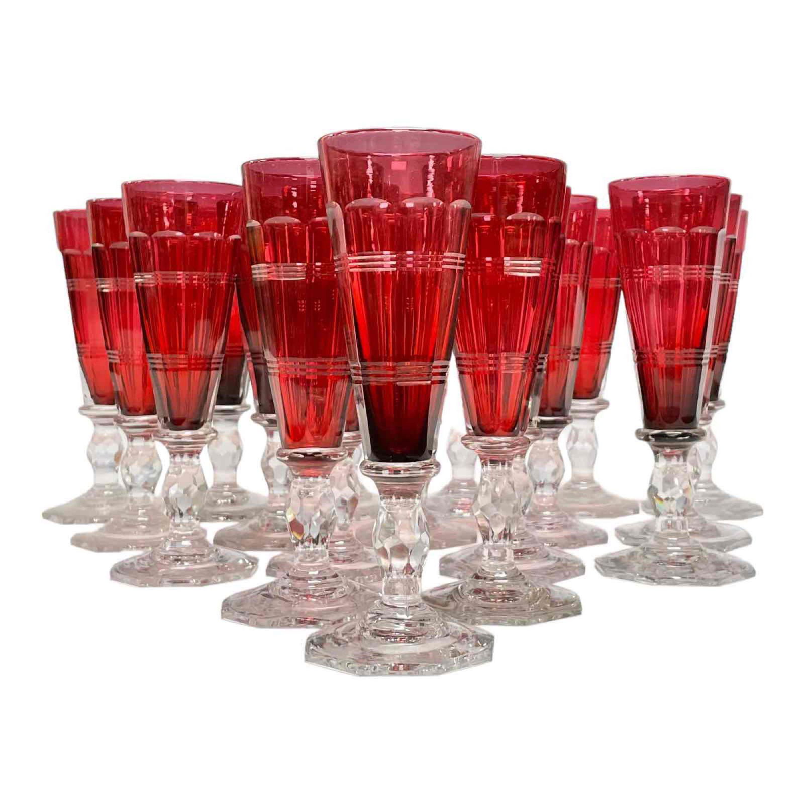(18) Cranberry Champagne Flutes on Octagonal Pedestal (1 of 16)