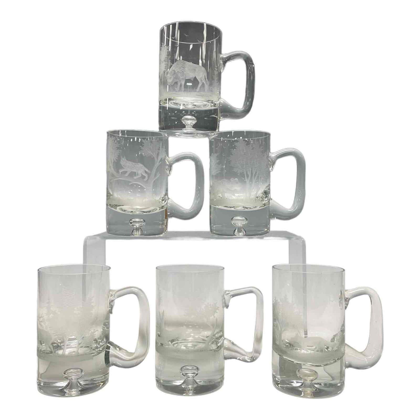 Six Vintage Wildlife Motif Etched Glass Mugs (1 of 19)
