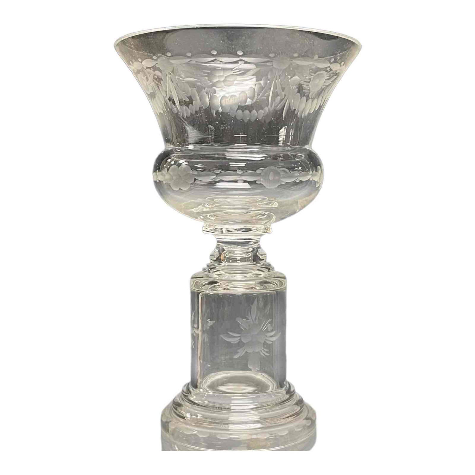 Five (5) RARE Urn Body Open Pedestal Etched Wine Glasses: Fine and elegant set of five cut back floral drape motif wine stem glasses with open pedestal bases as shown. Good overall condition, see photos.