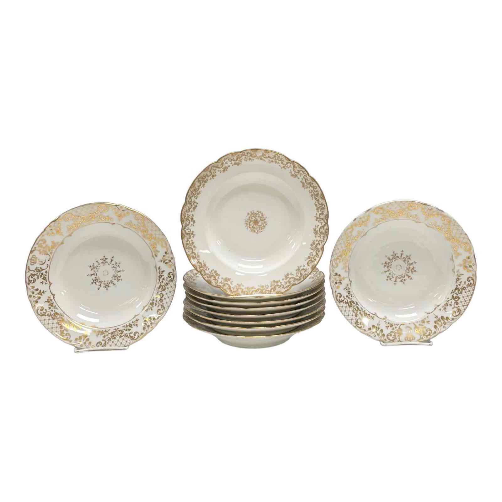 Ten French Limoges Porcelain Bowls: Includes a set of eight (three have chips) 9" diameter bowls and two other patterned possibly serves 9" diameter. As shown, see photos.
