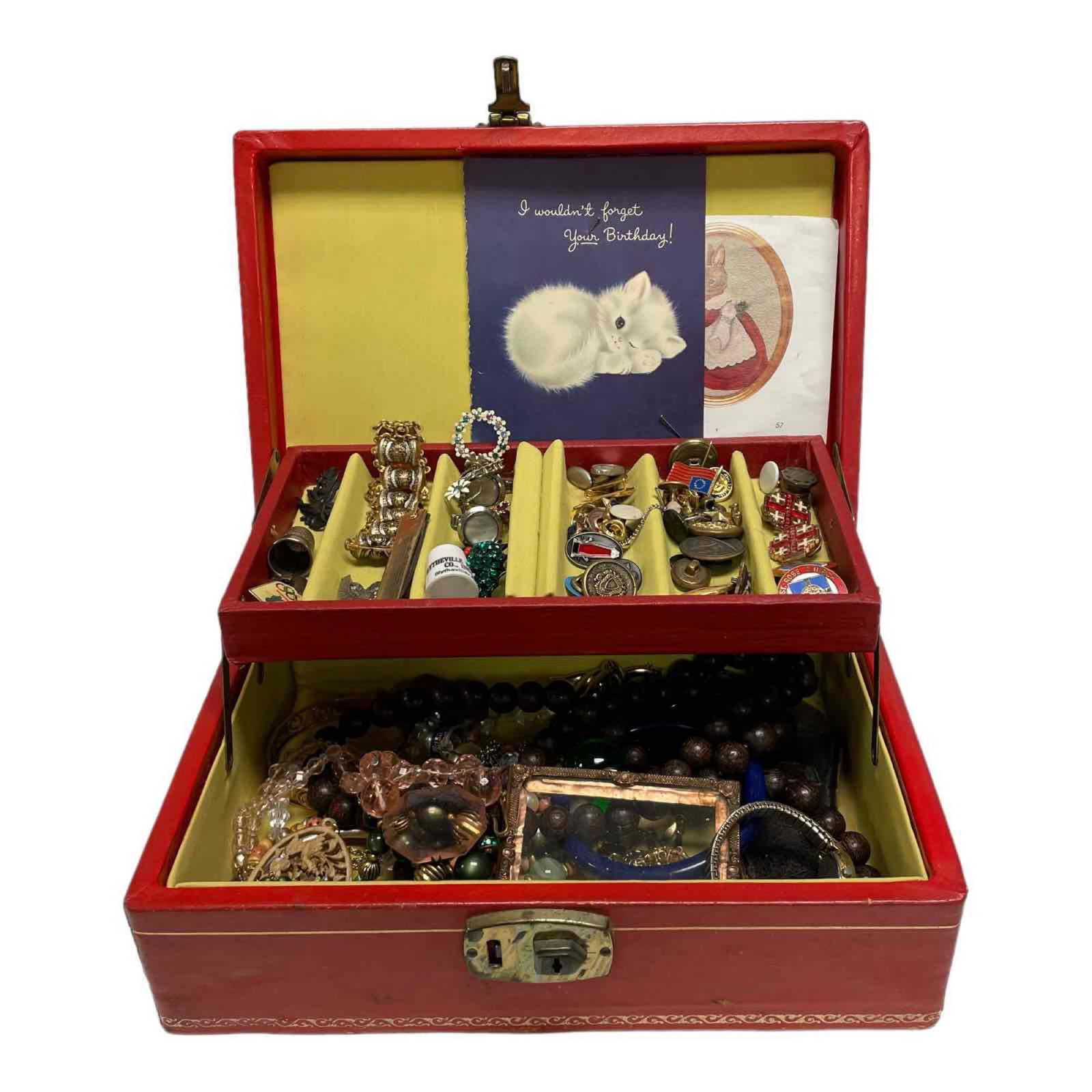 Jewelry Box Filled with Costume Jewelry, Pins, Buttons and More: Thimbles, necklaces, rings, sterling pin and more! Nice group, see photos