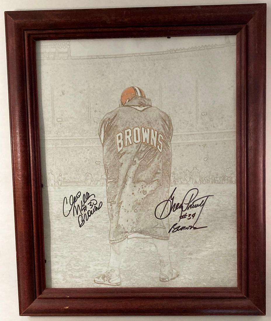 Bernie Kosar and Greg Pruitt/Cleo Miller Framed Autographs: Collage with a signed Bernie Kosar image and framed artwork of an iconic Browns image signed by Greg Pruitt and Cleo Miller.