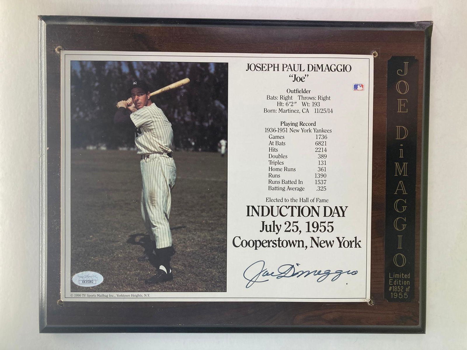 Joe DiMaggio Autographed Induction Day Photo Plaque JSA (1 of 6)