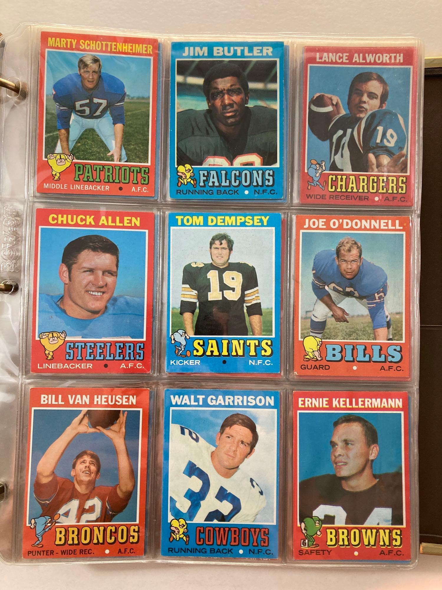 1971 Topps Football Card Near Set 255/263: A great way to start a set or have stock to complete sets. basically missign the big money cards. Cards range from VG-EX to EX+. Noticed some great names including; Marty Schottenheimer, Lance Alworth