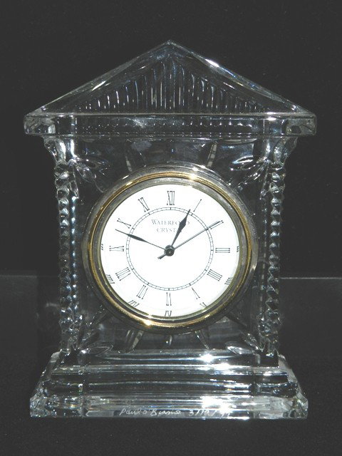Artist Signed Waterford Crystal Clock: Marked with both Waterford mark as well as artist signed on lower base. Approx 6 1/2" tall and in good condition.