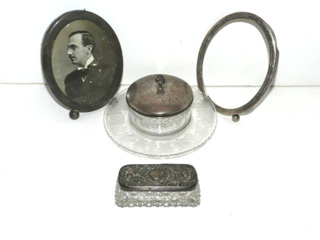 Sterling Silver Collection Lot - Stamp Jar: Sterling lidded condiment glass server, a Victorian stamp box 2 frames,