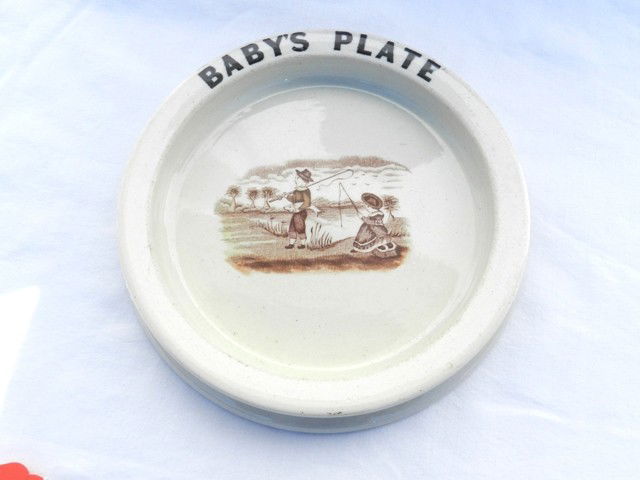 Carlton Ware "Pilgrims Fishing" Baby Plate: 8" round diameter, sepia color transfer. Ca 1894. Condition is good.