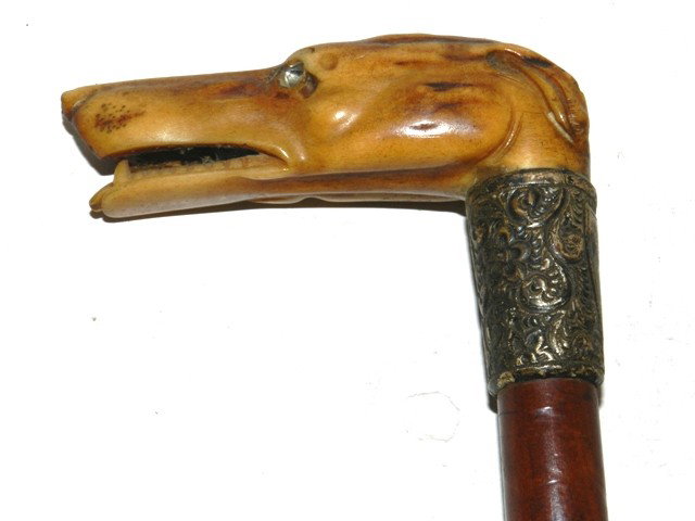 19th Century Carved Animal head Handle Walking Stic: 1800's walking stick cane with carved animal head (fox or dog) handle, hand plained shaft area. Condition is age appropriate. 36"