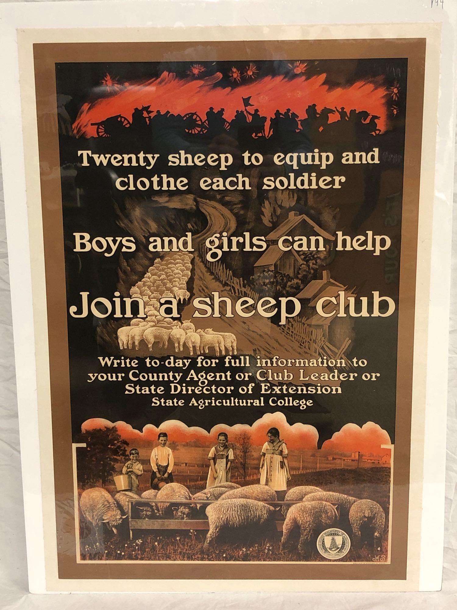 Join A Sheep Club - WWI poster: 1917, 22x32, US, A condition on linen
