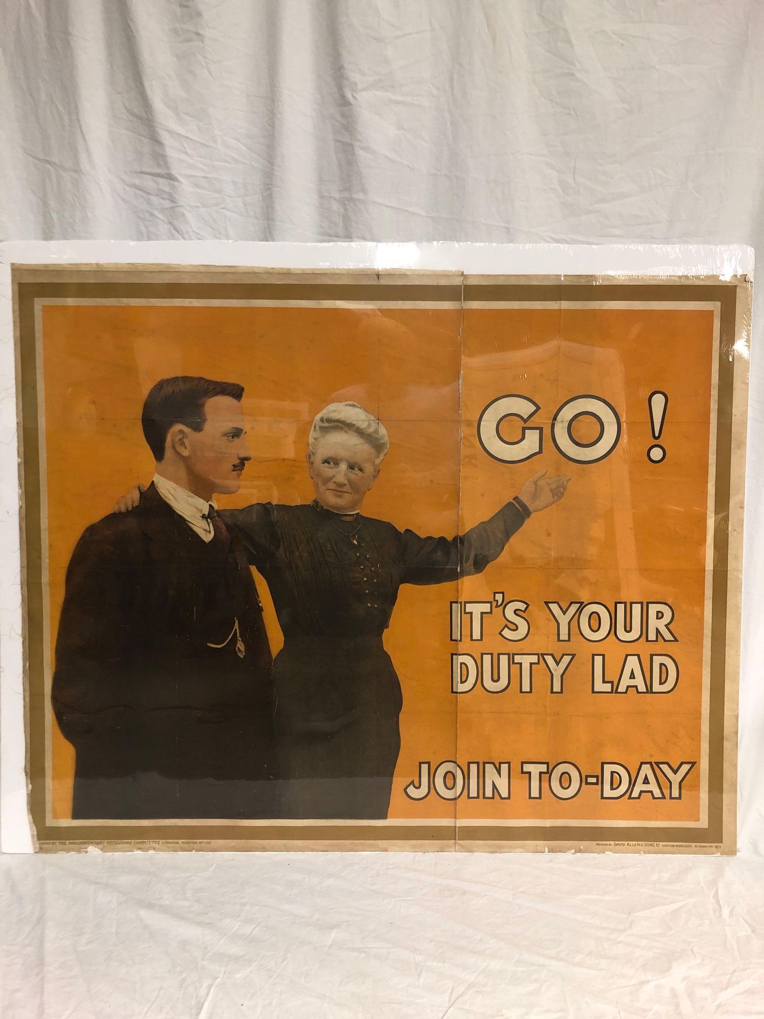 Go! It's Your Duty Lad - WWI poster: 1916, 49x20, UK, C condition on linen