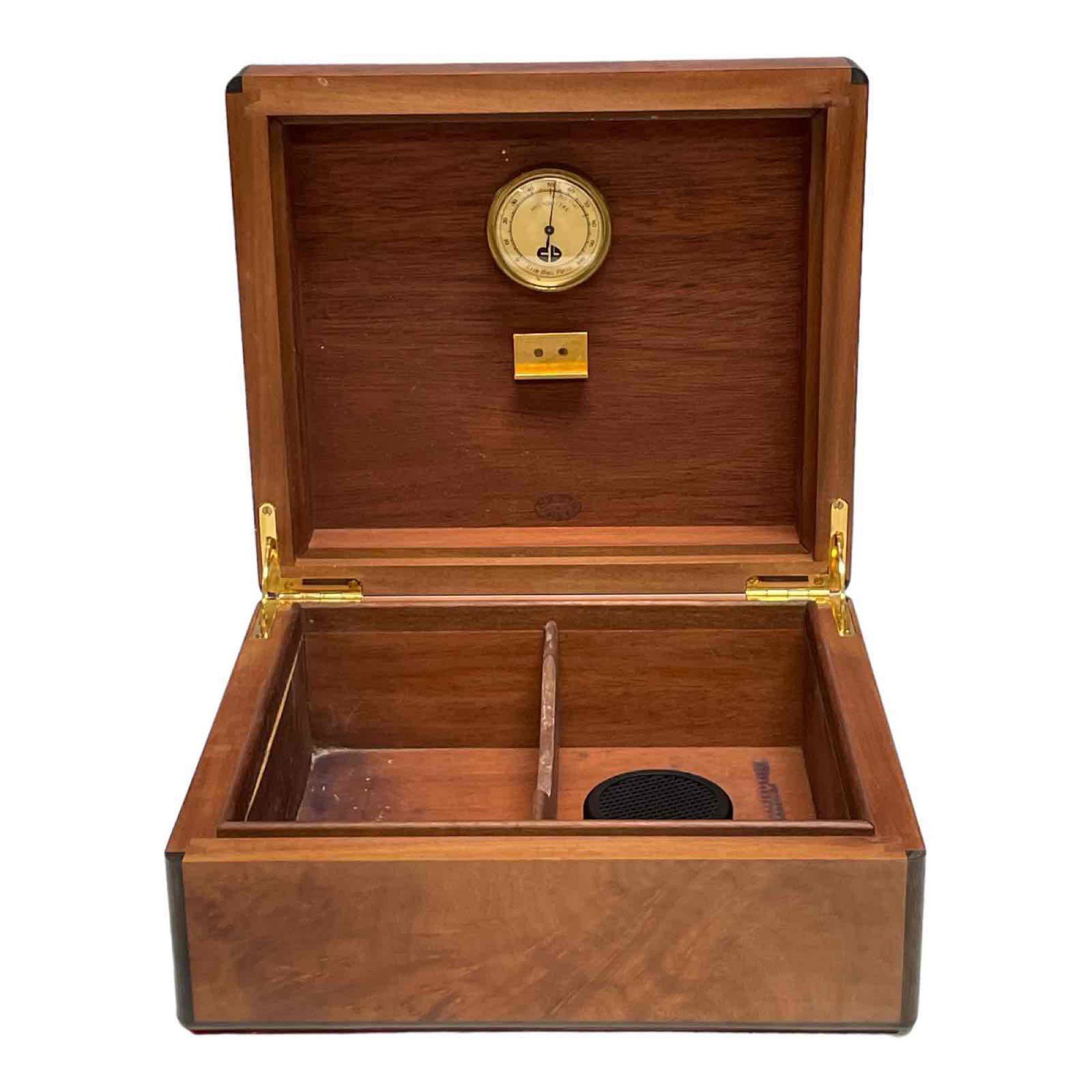 Elie Bleu Paris Burled Wood Cigar Humidor: High polished Burlwood humidor by Elie Bleu, Paris. Measuring approx 4" tall x 10" wide x 9" deep. Used light use and wear, see photos.