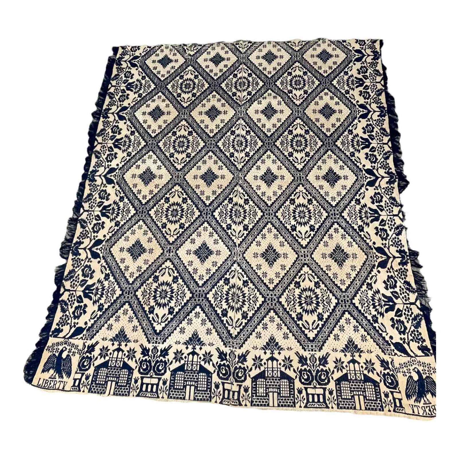 Early Americana Liberty Eagle Blue White Coverlet (1 of 15)