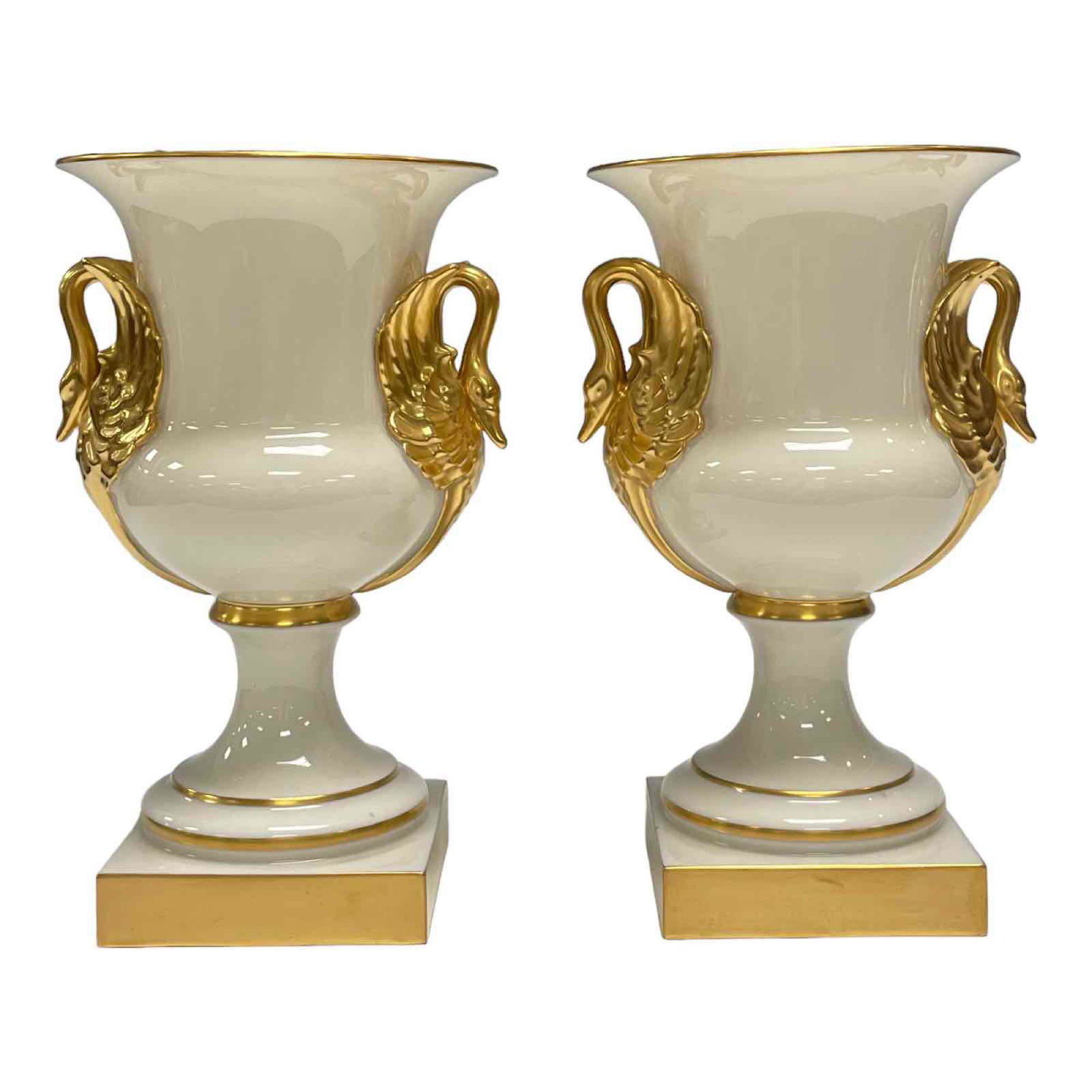 Neoclassical Style Trophy Urn Vases with Gold Swan Handles (1 of 19)