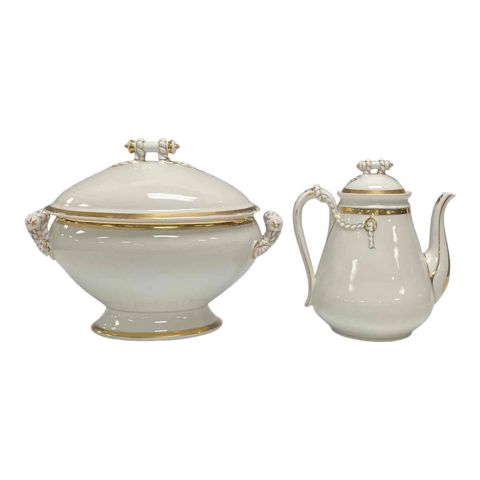 French HAVILAND LIMOGES Soup Tureen and Teapot: Large footed covered tureen measuring approx 10" tall x 14" wide and a 9" tall teapot. Rope twist motif with gold trim, some losses to gold trim as shown, see photos for details.