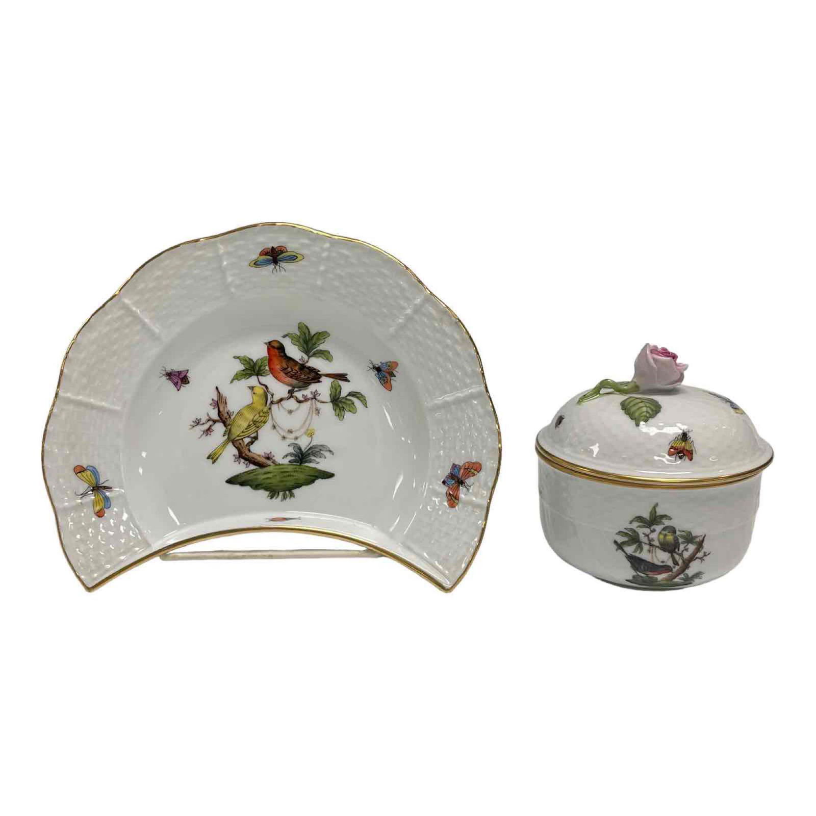 Herend Rothschild Bird Crescent Salad Plate and Covered Sugar Bowl (1 of 17)