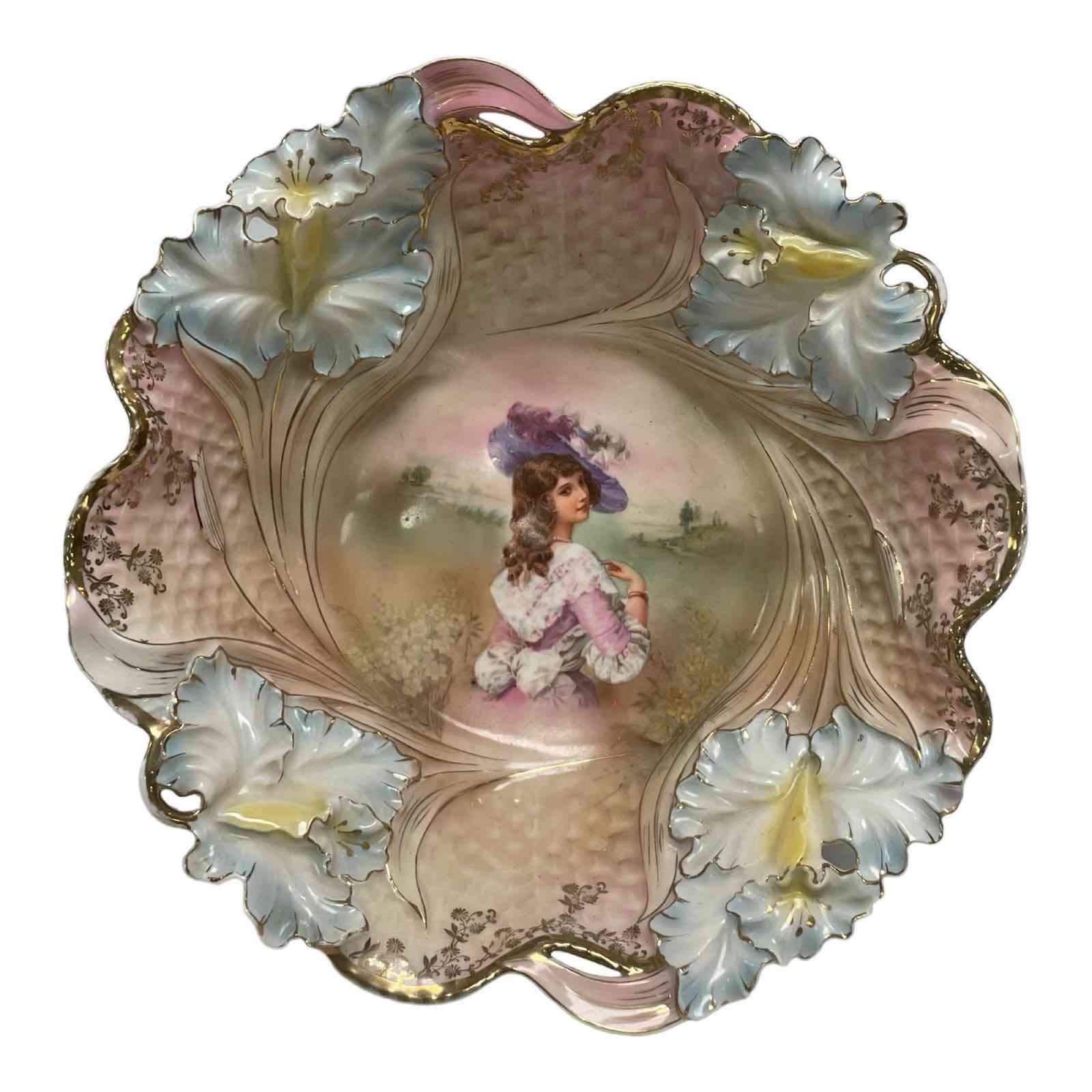 Bavaria Royal Bayreuth Berry Portrait Bowl: RS Prussia style decorative berry bowl with blue flowers and pink gradient throughout, center portrait by Royal Bayreuth of BAVARIA as shown with blue stamp on underside. Light wear consistent with ag