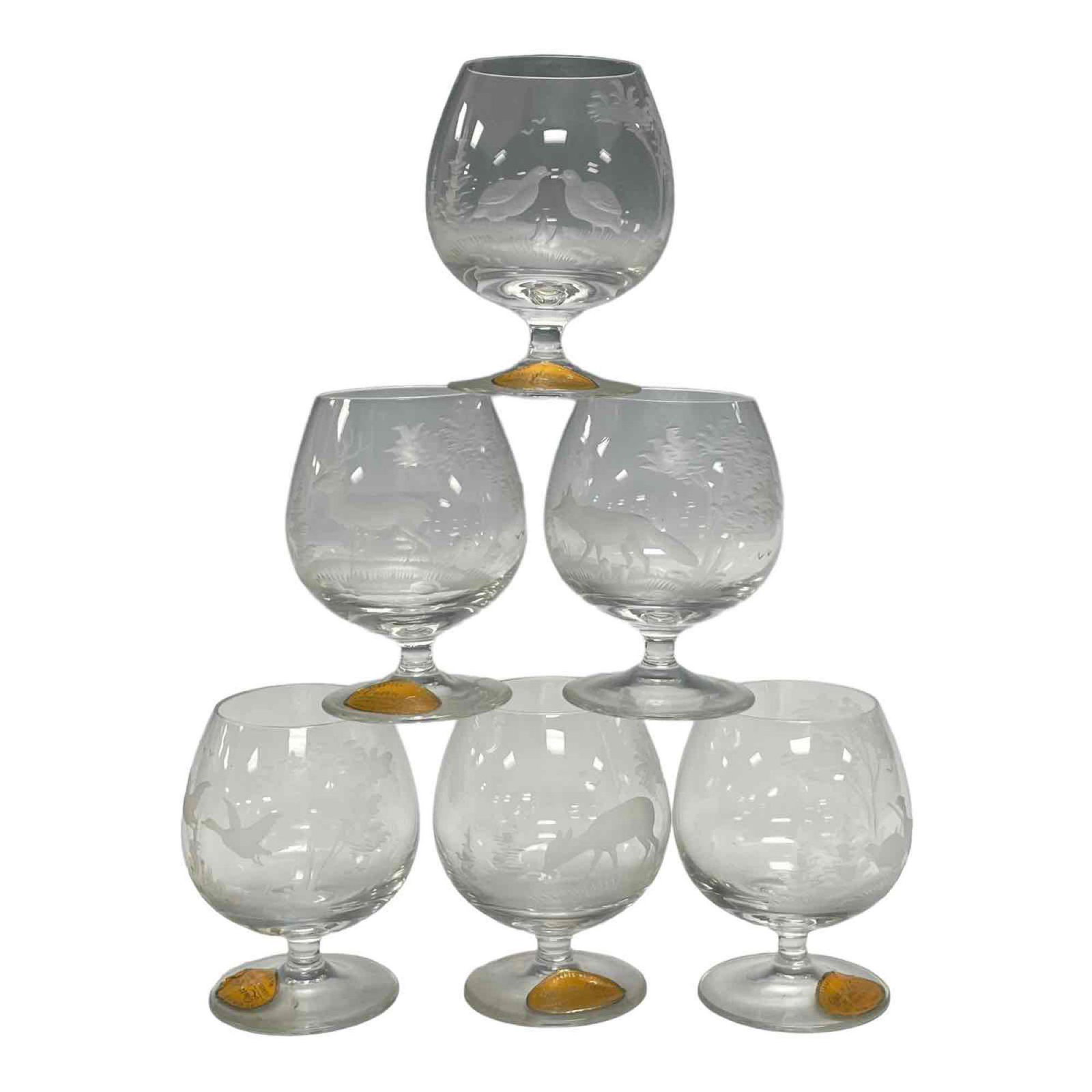 Six (6) Queen Lace Etched Wildlife Animal Brandy Snifters: Set includes stag, ducks, quail, pheasants, fawn and fox hunting related brandy cognac stems. All in good condition, some dust surface soil, see photos for details. Four have original labels, one loos