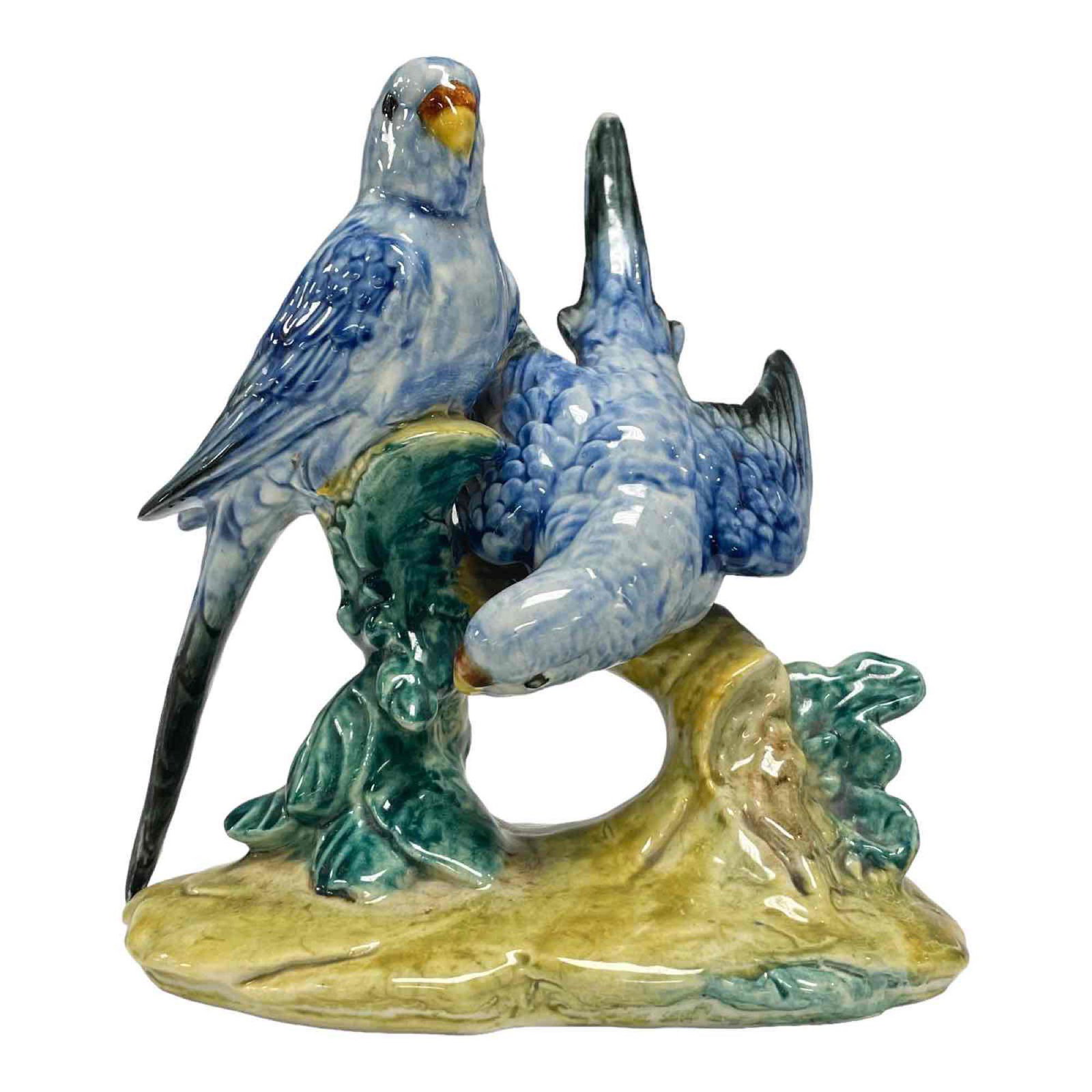 Stangl #3582 Double Parakeets (Blue) Pottery Birds Figurine: Stangl Double Parakeets in blue. Marked with black STANGL POTTERY BIRDS oval, 3582 and ESF. Measuring approx 7 3/8" tall by 6 1/2" wide. Very good overall as shown, see photos