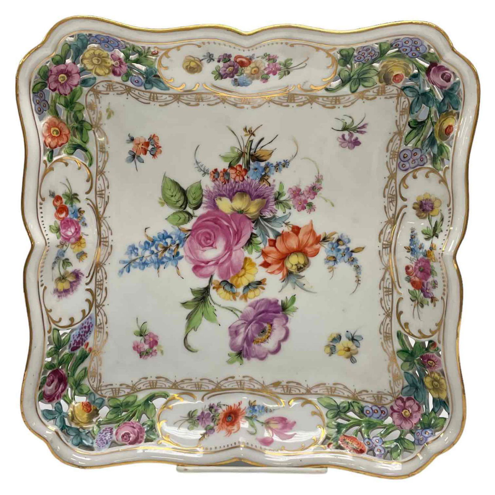 Fine Hand Painted Square Dresden German Dish: A Carl Thieme German shallow bowl / dish. Measuring approx 10.5" x 10.5" x 1.75" tall. Good overall as shown, see photos.