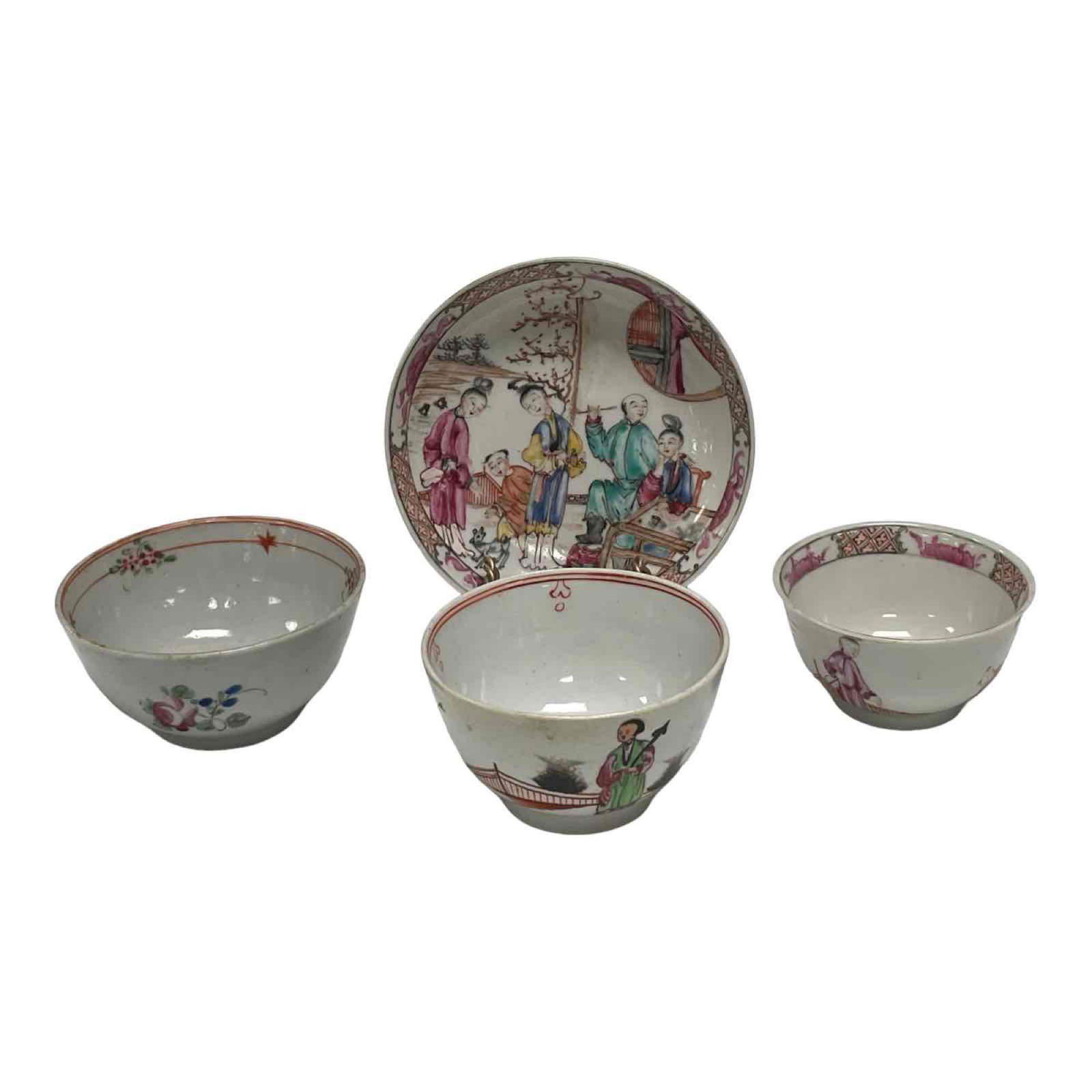 18th/19th Century Japanese Porcelain Group: Including three Saki or handle less tea cups and 4.5" diameter small dish with pictorial family scene. All various hand done polychromed motifs as shown, see photos. Good age appropriate condition