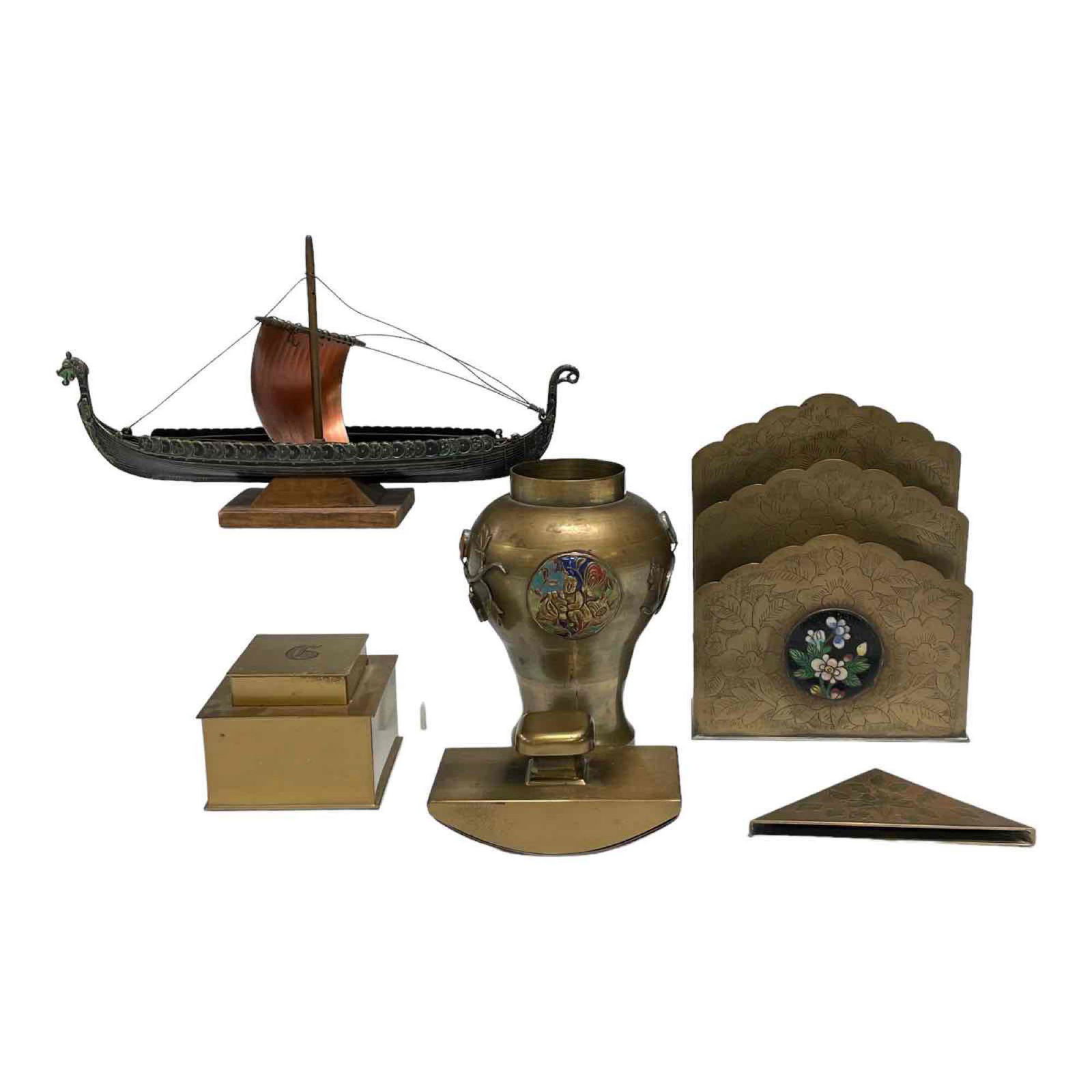 Edward Aagaard Viking Ship - Brass and Enamel Desk Items: A fine Edward Aagaard (Denmark) signed bronze and copper ship model. Measures 5.75-in. x 10.5-in. Group lot of various brass desk accessories with monogrammed inkwell, ink blotter, Chinese chased with