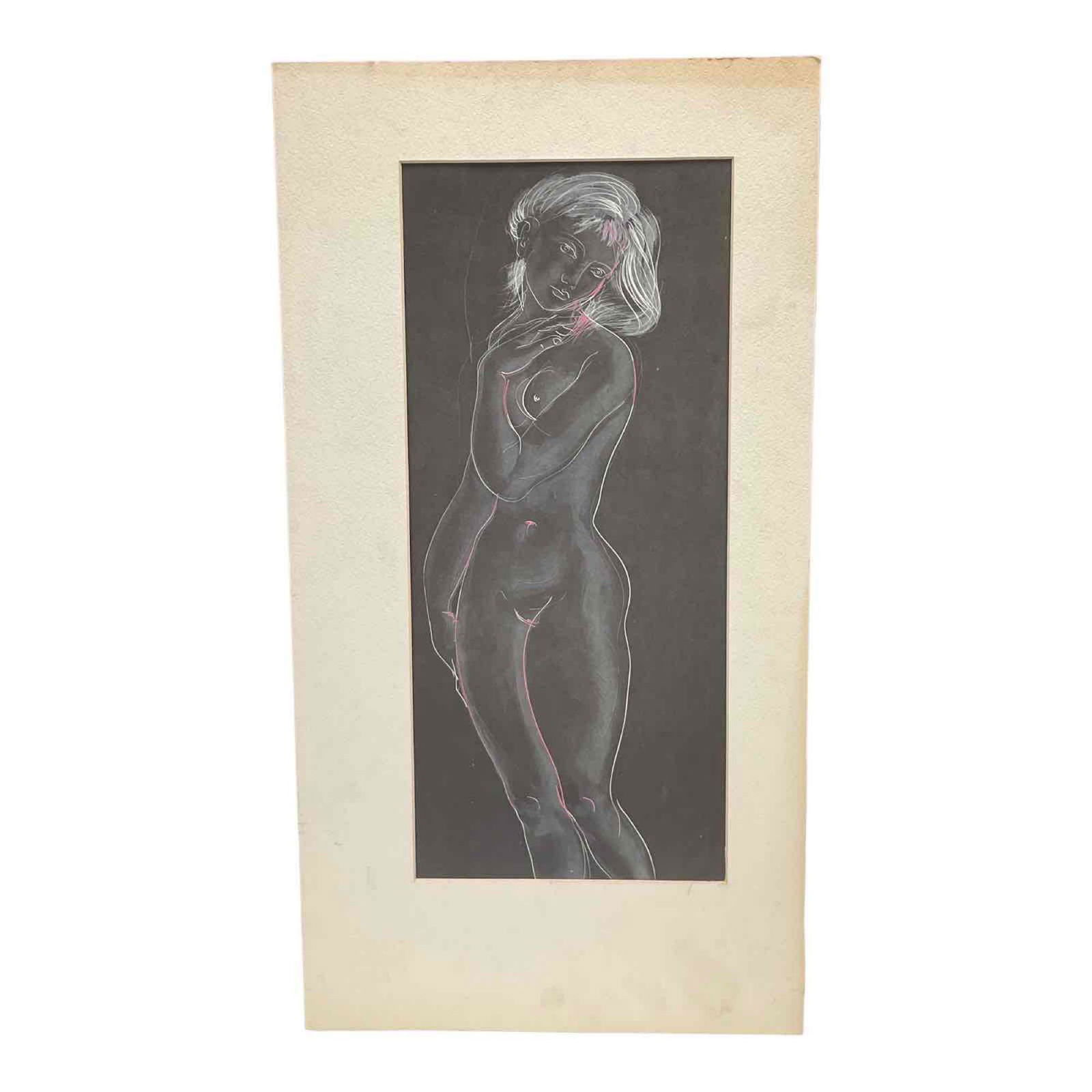 Hans Erni (Swiss, 1909-2015) "Girl with a Raised Arm" Risque: Nude figural woman with hand colored pink lines and white lines as shown. Unsigned measuring approx 18.5" tall x 8.5" wide paper sight size. Good overall, see photos for details