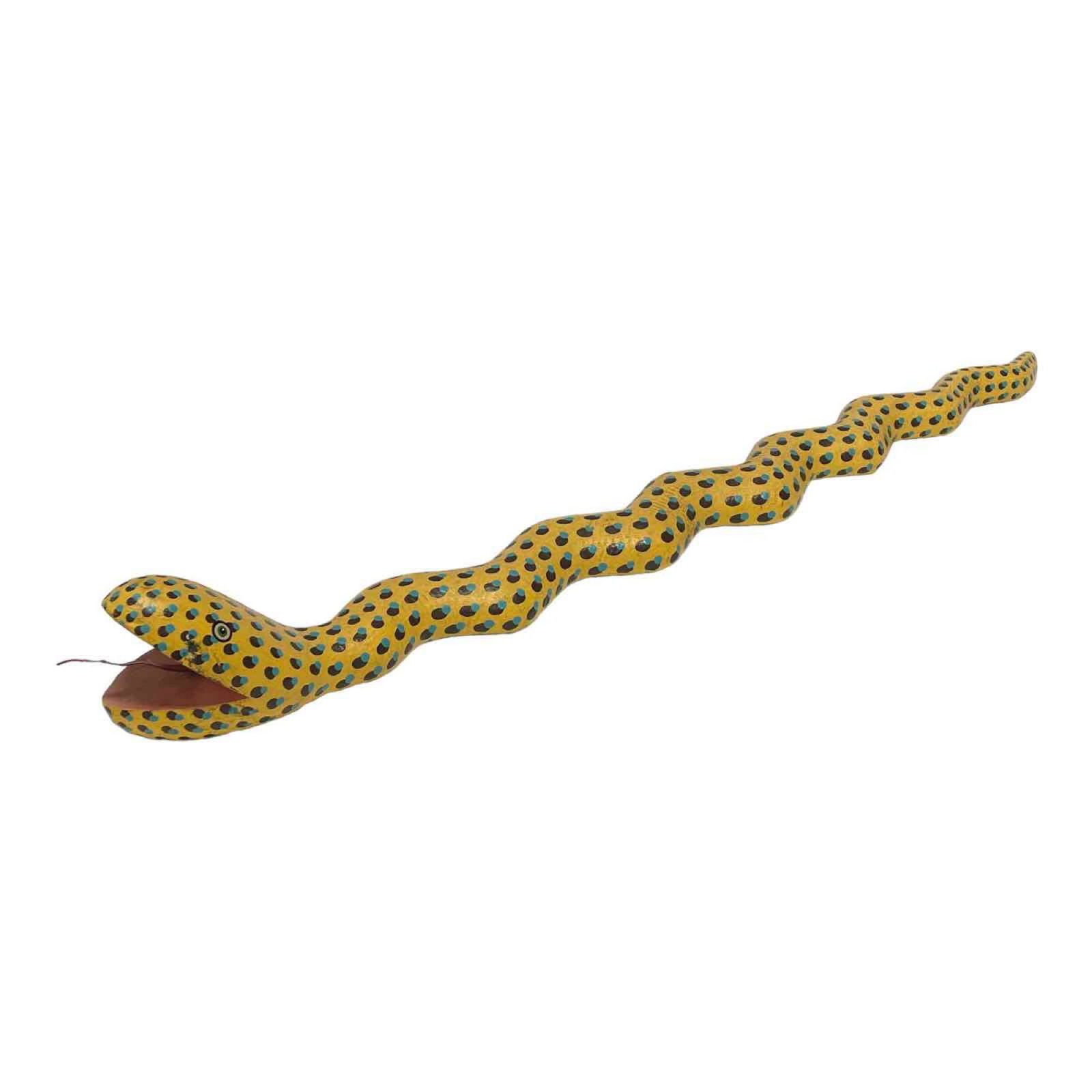 Dirk Kortz Hand Painted Wooden Snake Sculpture: Hand painted wood snake by artist Dirk Kortz (American, 20th Century) Measures approx 25" long head stand 3" tall and is approx 3" wide. Tongue is missing one side of the split..... Dirk Kortz grew up