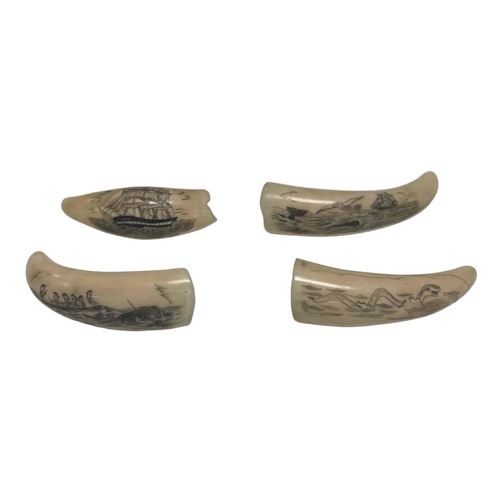 Group of Four Antique Whales Teeth Scrimshaws: One depicts a snake like sea creature, one with a schooner tall ship, one seascape with tall ship seabird with whale and the other having a whale hunt scene as shown. All measuring approx 3" in size a