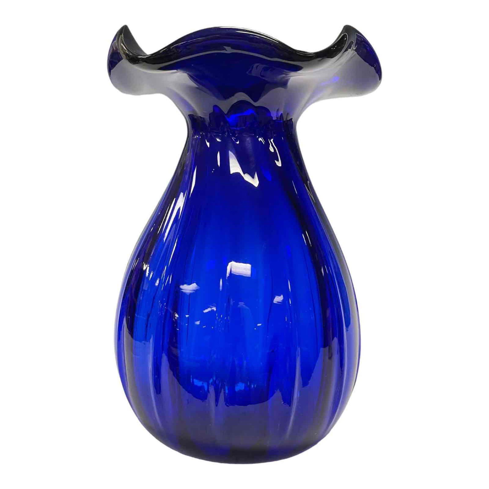 Cobalt Blue Melon Body Ruffle Top Art Glass Vase (1 of 14)