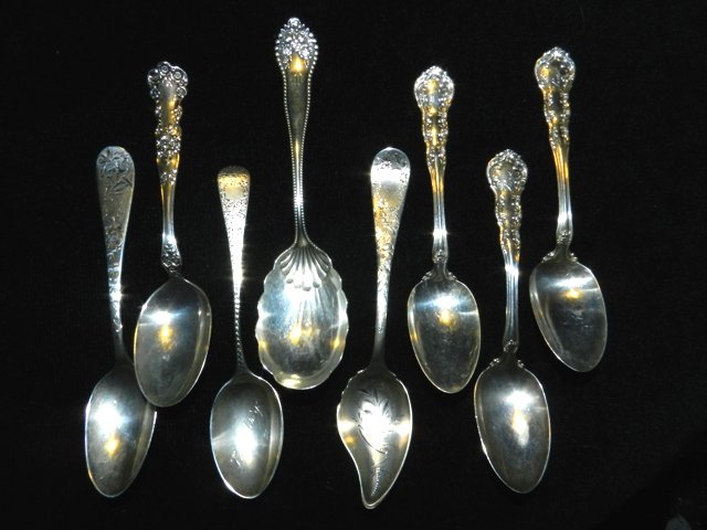 8 Sterling Silver Spoons- Harding Estate: Sterling silver tea spoons amongst others. Gorham, and other well known silversmiths hall marks. Approx 4.46ozt and all in good condition. All lots in this auction are consignments of the Well known H