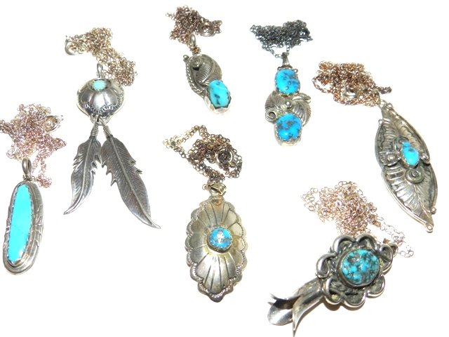 6 Native Indian Sterling Pendants: With turquoise stones. In good condition. Marked sterling. Approx 1ozt All lots in this auction are consignments of the Well known Harding Estate of Olmsted Falls, OH.