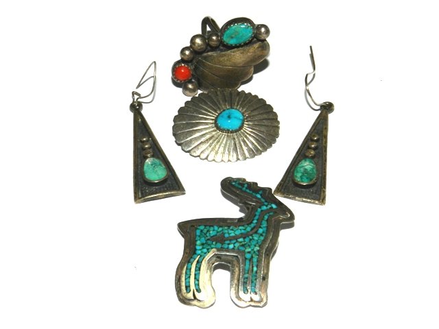 Sterling & Turquoise Collection: Including a coral/turquoise ring, earrings and pins. All lots in this auction are consignments of the Well known Harding Estate of Olmsted Falls, OH
