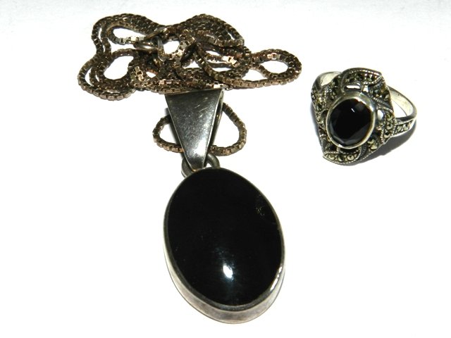 Sterling & Black Onyx Collection: Including a large .925 pendant necklace and ring. All lots in this auction are consignments of the Well known Harding Estate of Olmsted Falls, OH.