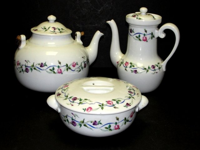 Porcelaine De Paris Coffee Teapot & Casserole: An elegant, captivating European pattern on fine white hard paste porcelain china with an intricate multi-floral design of morning glories and roses intertwined with a green leafy and blue ribb