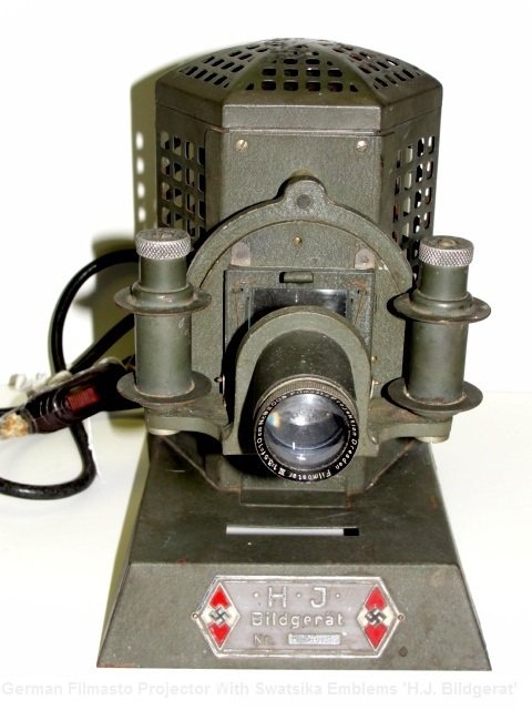 Filmosto-Projektion, HJ Bildgertat Model F-98: It has Hitler Youth swastikas on the front with the legend “HJ Bildgerat and serial number F- 90''