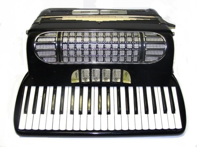 Vintage Art Deco Style Accordion With Case: In very attractive black frame.15'' key board. Condition scuff marks on edges, strap buttons pulled loose can hear something rattling inside probably screw connectors for strap buttons ?. Still sounds