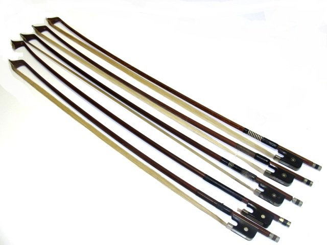 Collection Of Five Vintage Violin & Cello Bows: Condition used, in various sizes. One Cello bow. Ebony frog with pearl eye's.