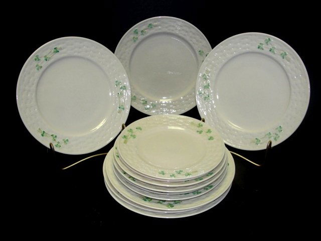 Collection Of 10 Various Size Belleek Plates: Shamrock and Basket weave pattern. All in mint condition and various stamp marks. Six 8 1/4'', Four 7 1/4'' and Two 6 7/8'' Dia. From Harding Estate