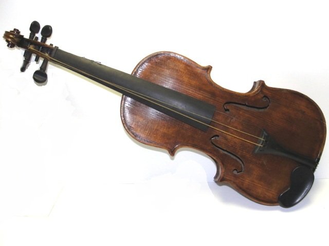 German Copy Antonius Stradivarius 4/4 Violin: With original case and two unmarked bows. Condition used ca. 1900's split on top, below normal wear for age. Two piece tiger maple back. L.O.B. 14''. From retired part time dealer Madison Oh. More Ins