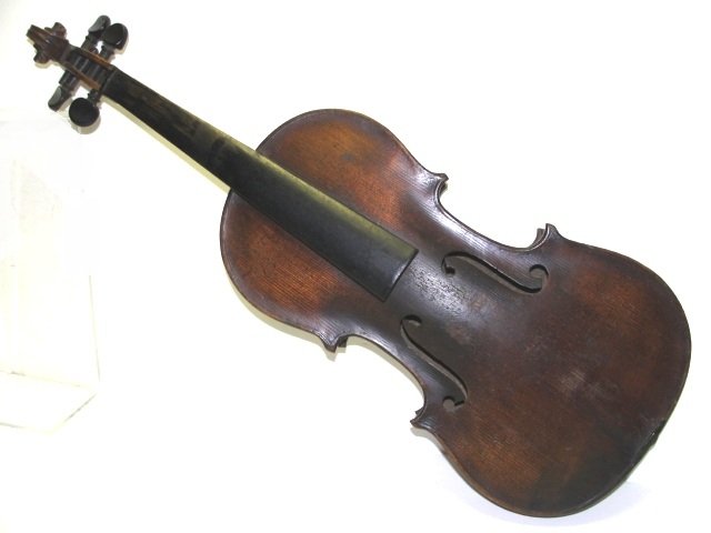 German Stradivarius Model 3/4 Size Violin: With case and two piece tiger maple back. Condition very good, needs restrung and missing piece's appropriate wear for age use. From retired instrument dealer Madison Oh. L.O.B. 13 1/4''. Needs recond