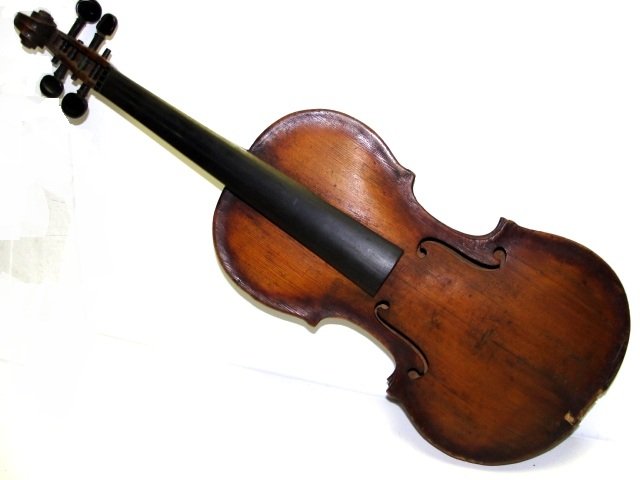 Old German Folk Art Full Size Violin Ca. 1900: Condition fair to good, having tight cracks on top and missing pieces. Having two piece tiger back with two color stain design on back. Has used case. L.O.B. 14''.( From retired collector dealer Madis