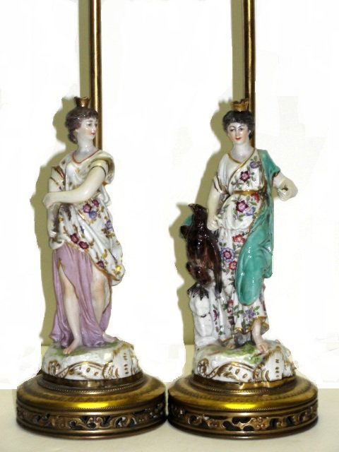 Late 19th. C. Messien Figures Of Ladies: Both figure were converted to lamps, have sever arm and hand damage poorly repaired. Needing restoration. Lamp harps with extra poorly fitted riser's and mixed matched finials. H. to top of socket 16'