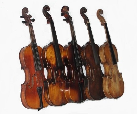 Group Of Five Vintage German Violins: Condition used of various age and makers. Two with A. Stradivarius labels. Four 13 3/4'' LOB one 13 7/8''. One in very good condition other four fair to good. Having two piece backs. Please see photos