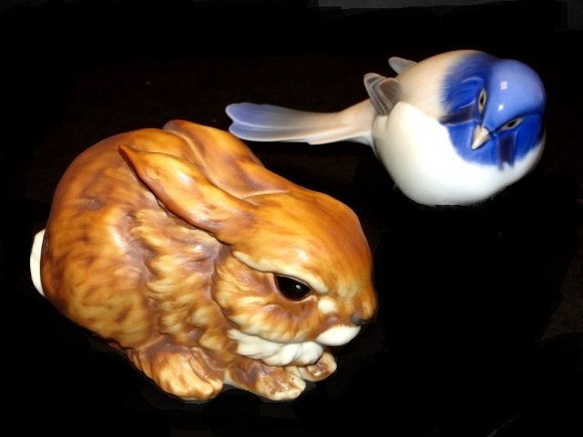 Kaiser Rabbit With B & G Denmark Bird: Brown rabbit laying or crouching down colored eyes, 2.25" tall Kaiser stamp to the base. B&G 1635 "Pessimist" - titmouse 2 1/2'' x 5 1/4''. Condition both perfect.