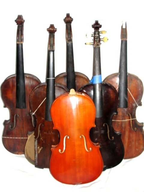 Collection Of Seven Vintage German Violins: Condition needing restoration, of various makers and sizes. Good for beginner restore's See Photos.